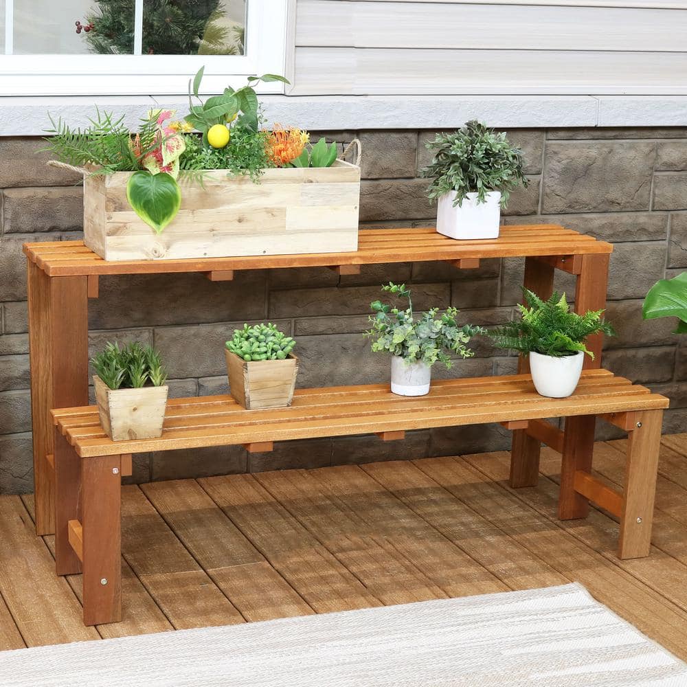 Brown Meranti Wood 2-Tier Outdoor Plant Stand with Teak Oil Finish