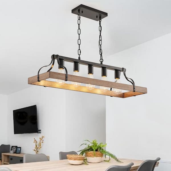 5-Light 34-Inch Walnut Industrial Chandelier Pendant Light with 5 E26 Bulb Socket Dining Room Kitchen Island No Bulb