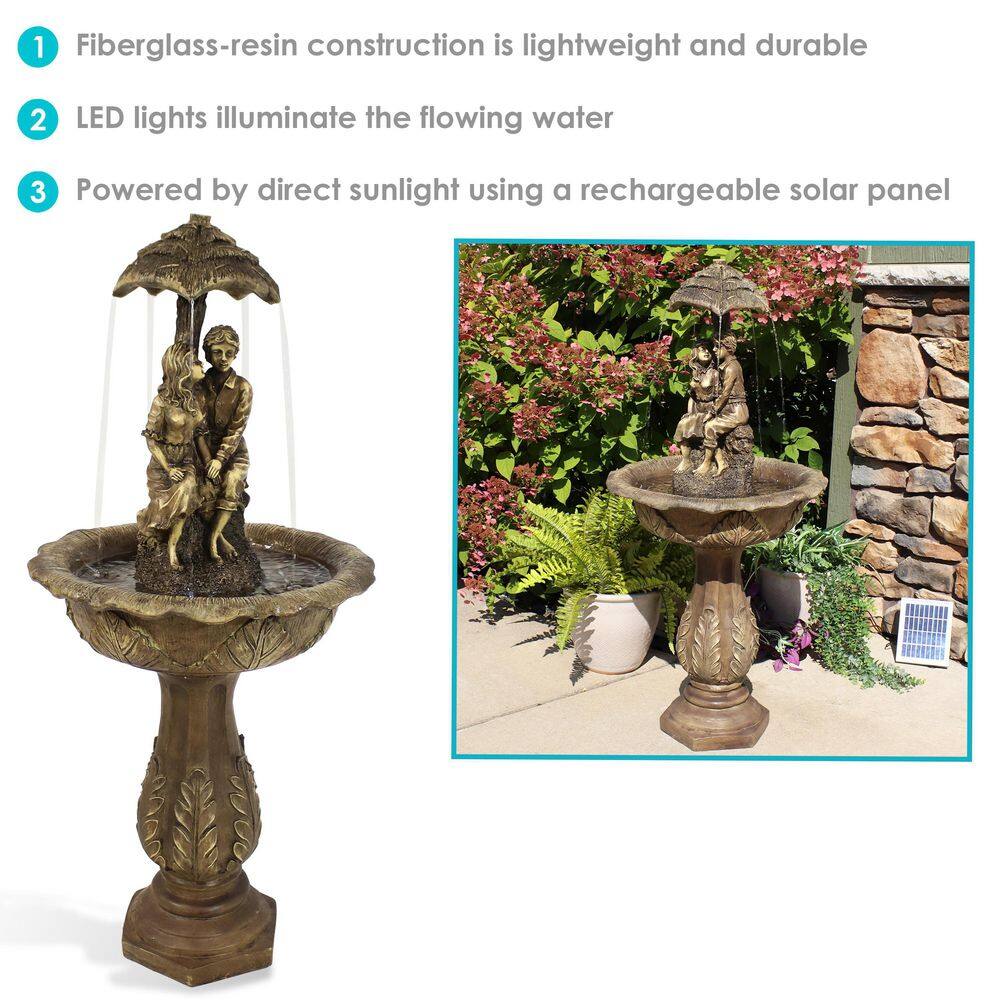 Brown Polyresin Solar Powered Lovers Umbrella Water Fountain with LED Lights