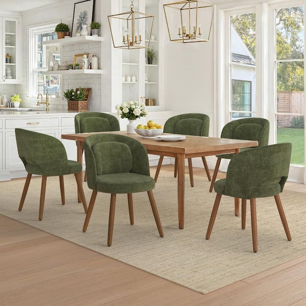 Cath 30 in Green Fabric Upholstered Solid Wood Legs Dining Chair with Detachable Pillow Set of 6