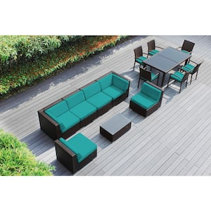 Ohana Dark Brown 14-Piece Wicker Patio Conversation Set with Stackable Dining Chairs and Sunbrella Aruba Cushions