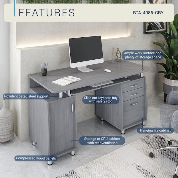 TECHNI MOBILI 48 in. Rectangular Gray 3 Drawer Computer Desk with