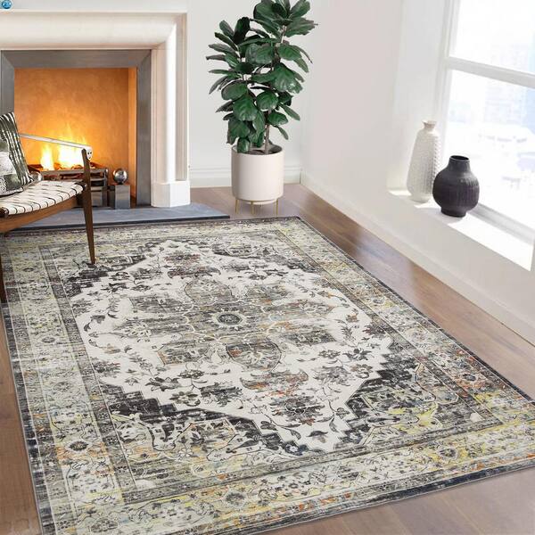 GlowSol Grey 5 ft. x 7 ft. Vintage Geometric Tribal Machine Washable Area Rug, Gray