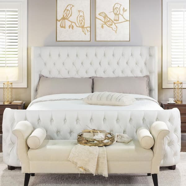 Jennifer Taylor Brooklyn White Linen, Bed With Tufted Headboard And Footboard