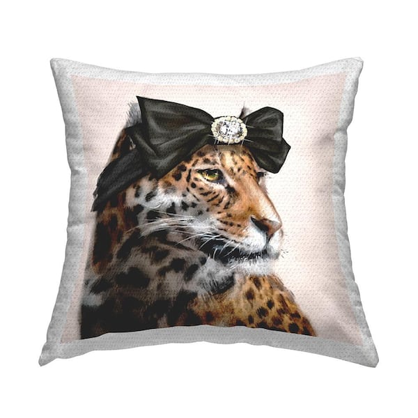 Stupell Industries Stylish Leopard Fancy Glam Hair Bow Jewel Brown Square Outdoor Throw Pillow