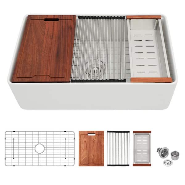 33 in. Undermount Single Bowl White Porcelain Ceramic Workstation Kitchen Sink with Bottom Grid