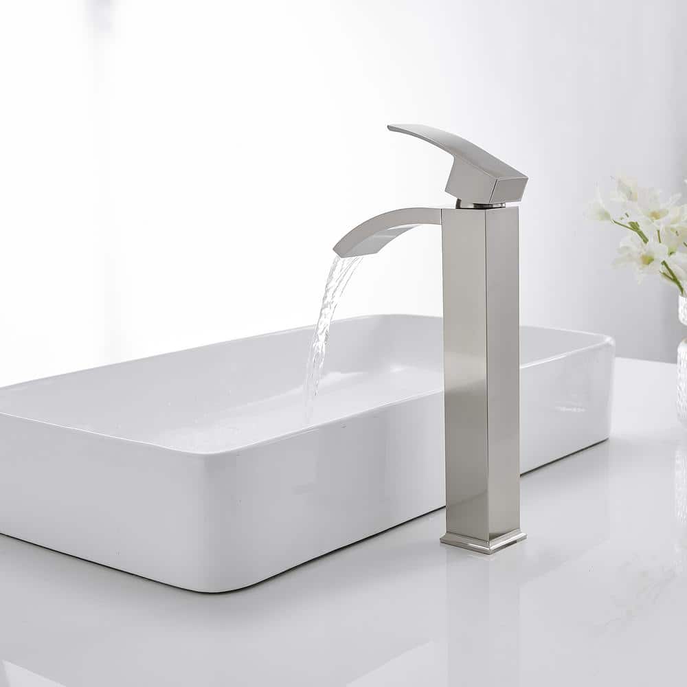 Brushed Nickel Waterfall Vessel Sink Faucet with Pop-Up Drain