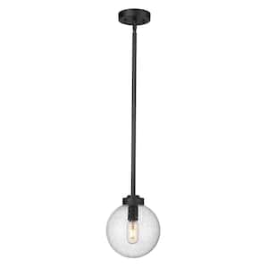 Laurent 1-Light Black Outdoor Pendant-Light with Clear Seedy Glass