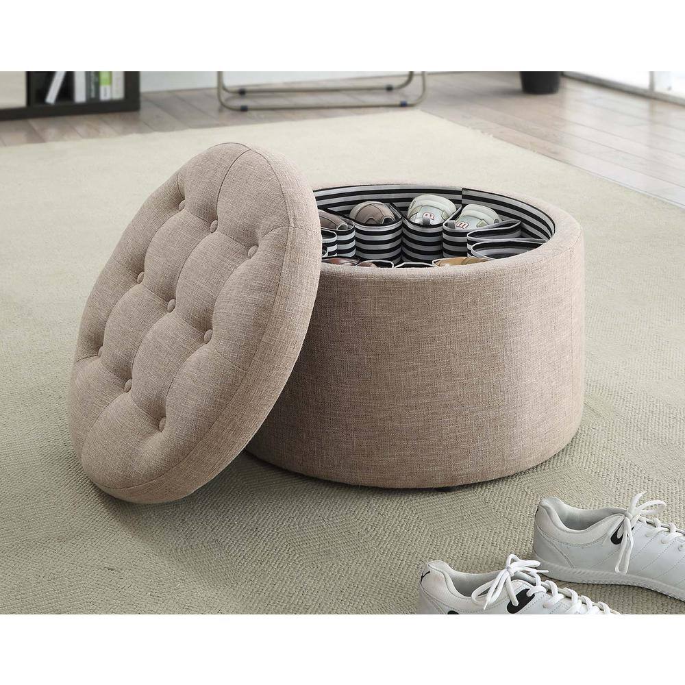 Beige Tufted Round Ottoman with Shoe Storage Compartments