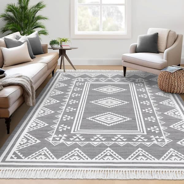 Tassel Printed Carpet Washable Area Rug Soft Non-Slip Bohemian Style Carpet for Bedroom Living Room Office Gray，8X10ft