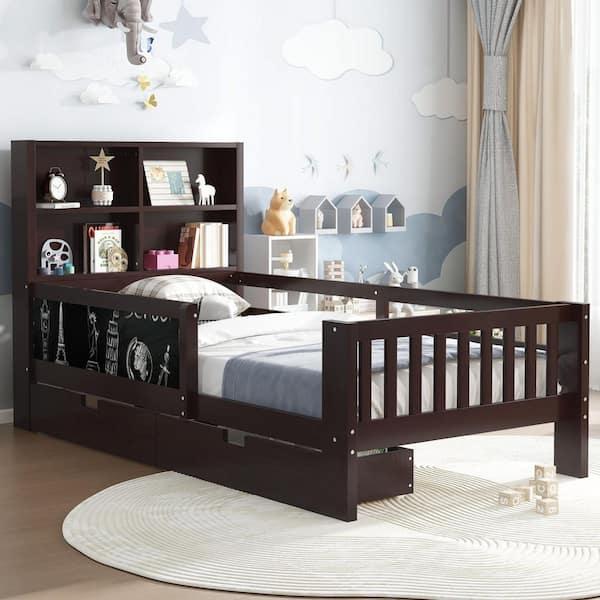 Faylinn Modern Espresso Brown Finish Wood Frame Twin Size Platform Bed with Chalkboard Guard Rails Drawers and Shelves