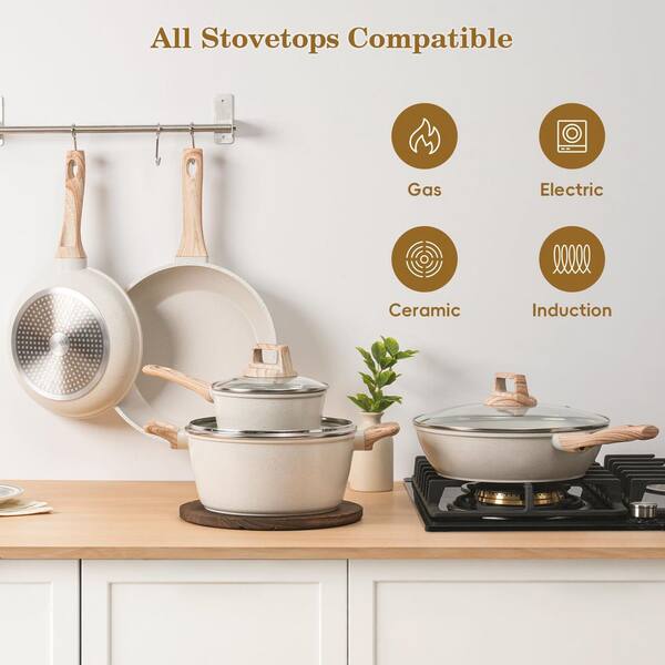 Wudkey 12 Piece Nonstick Aluminium Cookware Set in White, Granite