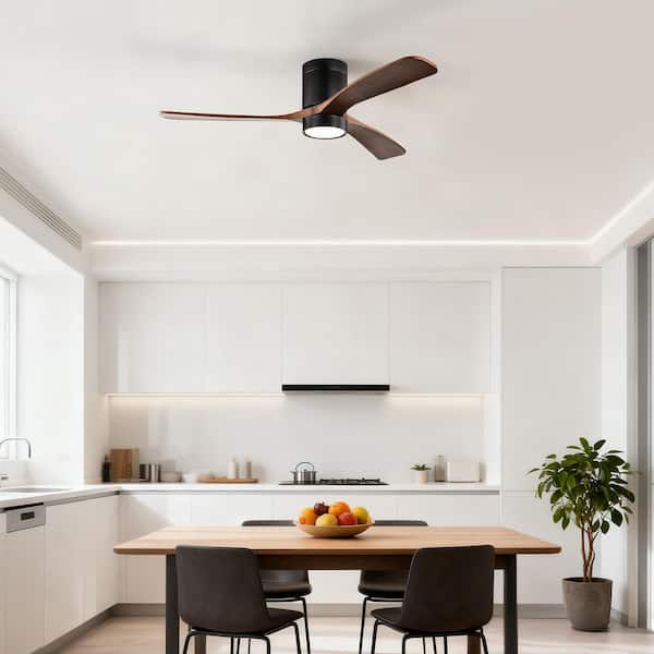 Farmhouse 52 in. Indoor Matte Black Flush Mount Standard Style Ceiling Fan with 3-Solid Wood Blades, LED Light, Remote