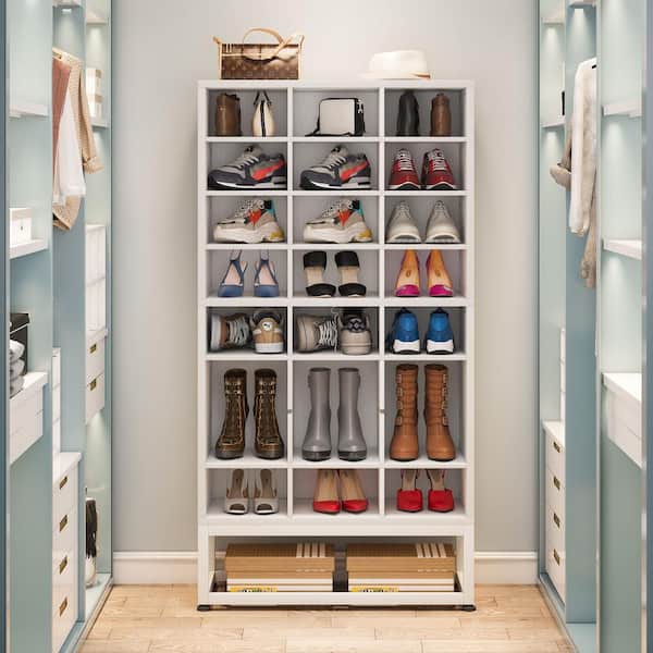BYBLIGHT 12.2 in. W White 24-Pairs Shoe Storage Cabinet, White Laminate Wood Shoe Rack with Adjustable Panel