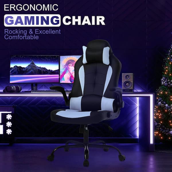 Leo Faux Leather Seat Adjustable Height Reclining Ergonomic Gaming Chair in  Black and White With Adjustable Arms