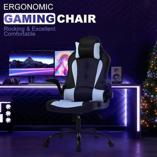 Leo Faux Leather Seat Adjustable Height Reclining Ergonomic Gaming Chair in Black and White With Adjustable Arms