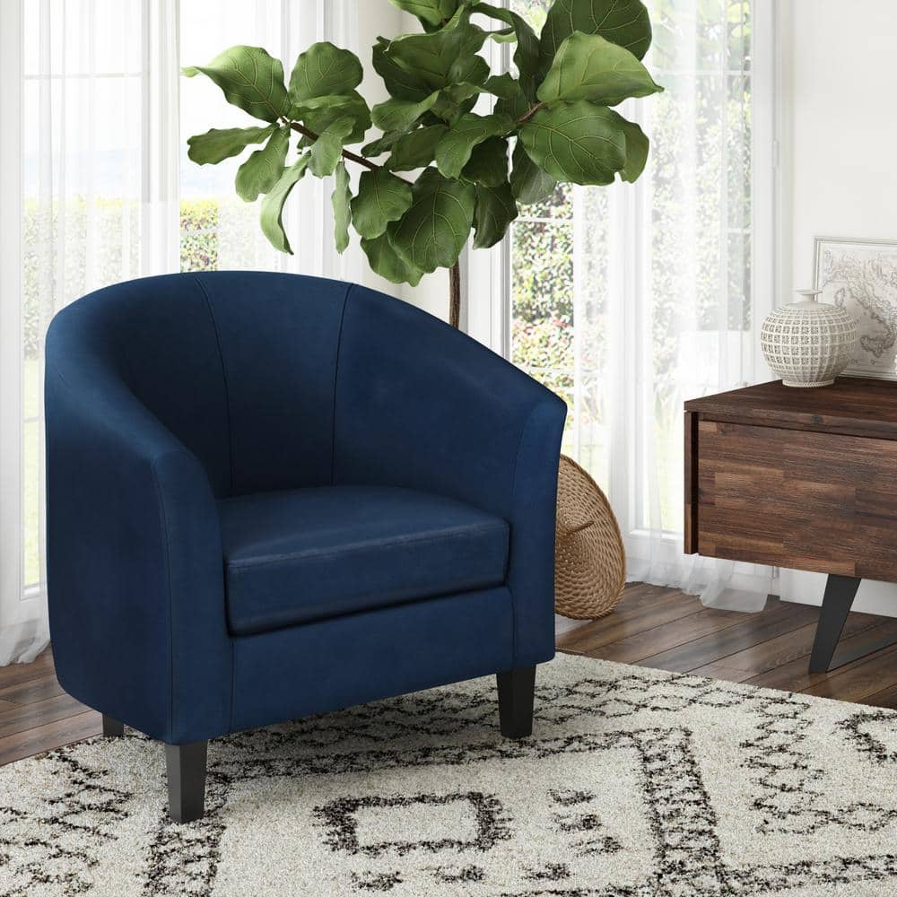 Distressed Dark Blue Faux Leather Barrel Accent Chair
