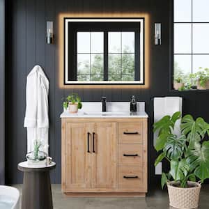 Cicero 36 in. W x 22 in. D x 33 in. H Single Sink Bath Vanity in Brown with White Engineered Stone Top and Mirror