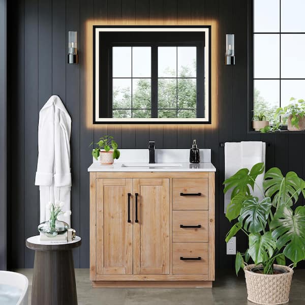 Altair Cicero 36 in. W x 22 in. D x 33 in. H Single Sink Bath Vanity in Brown with White Engineered Stone Top and Mirror