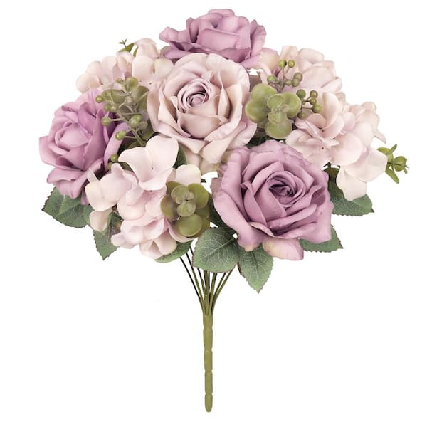 19 in. Dusty Lavender Artificial Elegant Rose Hydrangea Flower Stem Bush Bouquet (Set of 2)