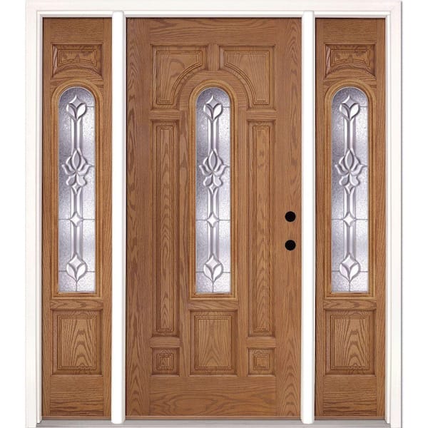 Feather River Doors 67.5 in.x81.625 in. Medina Zinc Center Arch Lite Stained Light Oak Left-Hand Fiberglass Prehung Front Door w/Sidelites