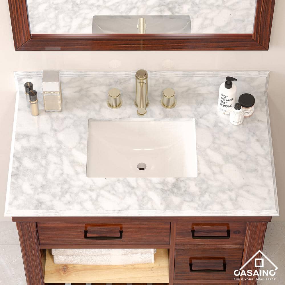 37" White Italian Carrara Marble Vanity Top with Ceramic Sink