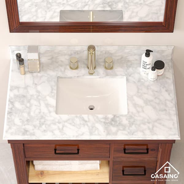 37 in. W x 22 in. D White Italian Carrara Natural Marble Bathroom Vanity Top in White with Single Sink
