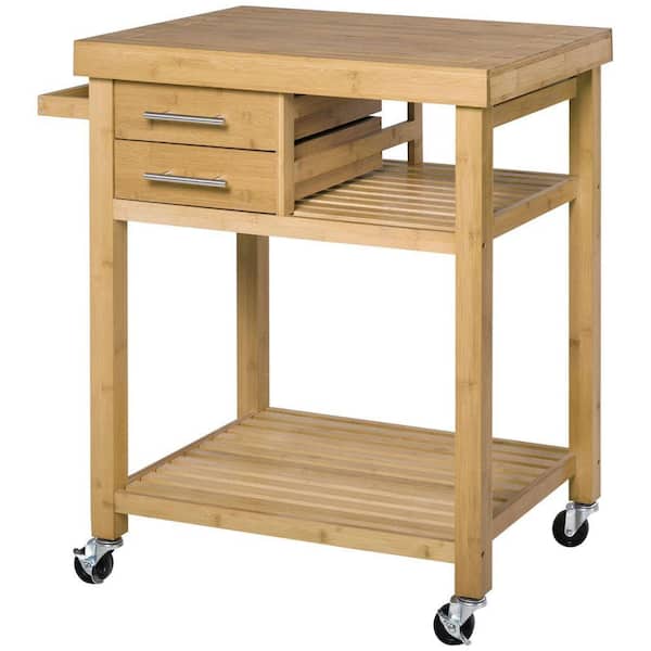 Natural Kitchen Cart with Butcher Block;Drawers;Shelf;Wheels;Locking Casters