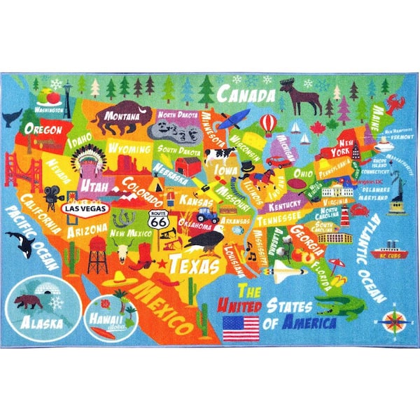 Multi-Color Kids and Children Bedroom Playroom USA United States Map Educational Learning 5 ft. x 7 ft. Area Rug