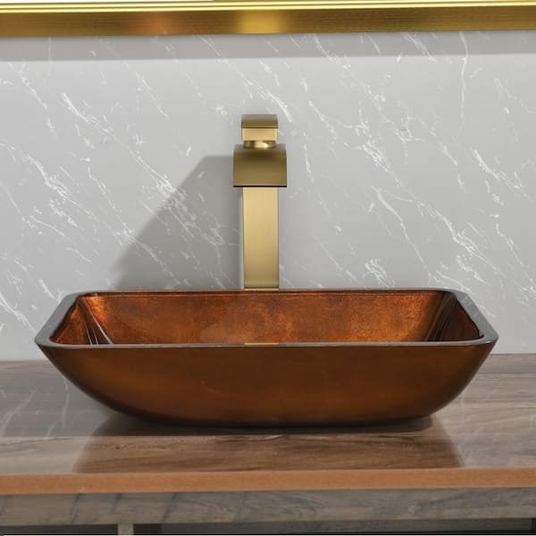 Interbath Russet Glass Rectangular Vessel Bathroom Sink Set in