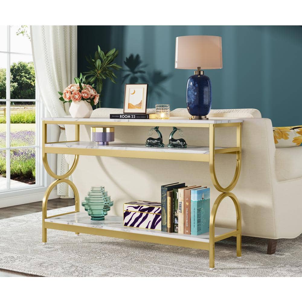 White and Gold Faux Marble 55" Console Table with Storage Shelves