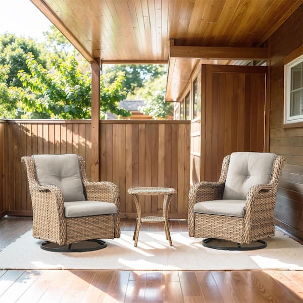 Opohoro ArcoBay 3-Piece Yellow Wicker Swivel Outdoor Rocking Chairs Patio Conversation Set with Olefin Beige Cushions