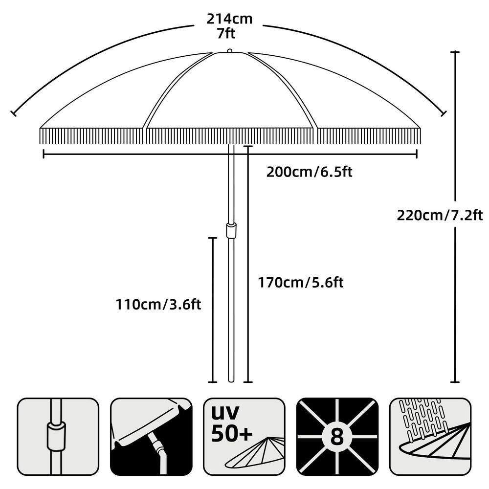 Elegant Cream 7ft Beach Umbrella with Tassel Fringe and Steel Pole