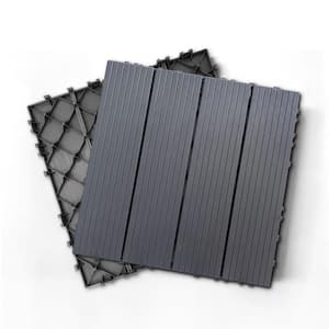 12 in. x 12 in. Outdoor Garden Line Stripe Dark Gray Interlocking Plastic Composite Outdoor Decking Tiles, 35-Pieces