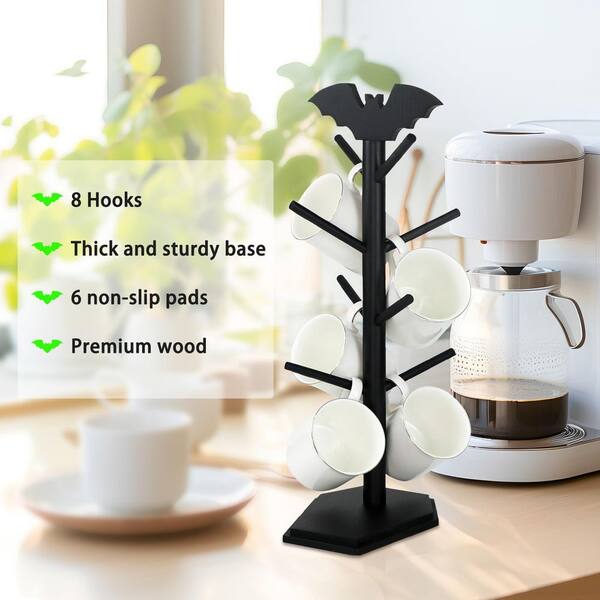 Wudkey 8 Hooks Bat Mug Holder Tree, Black Coffee Mug Rack, Halloween Gothic Kitchen Home Decor Wood Mug Tree for Countertop