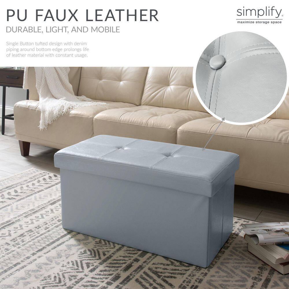 Classic Gray Faux Leather Folding Storage Ottoman Bench