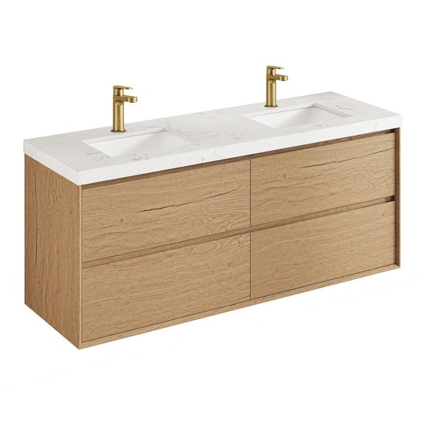 Aeroline 48in. W x 19.29in. D x 25.59in. H Single Sink Float Natural Oak Bath Vanity with Sar White Engineered Stone Top