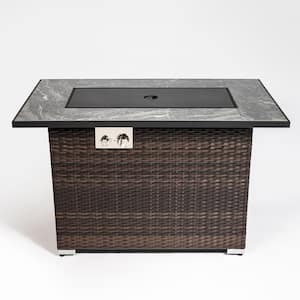 44 in. Dark Brown Rectangular Wicker Propane Gas Fire Pit Table 50,000 BTU with Ceramic Tabletop and Glass Rocks