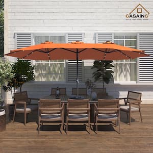 15 ft. Steel Patio Double-Side Market Umbrella with Base and Solar Light with Base in Orange
