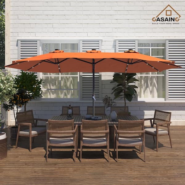 CASAINC 15 ft. Steel Patio Double-Side Market Umbrella with Base and Solar Light with Base in Orange