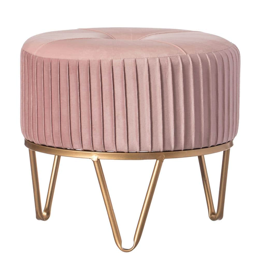 FABULAXE Papasan Chair Pink Small Round Velvet Ottoman Stool Raised with Hairpin Gold Base QI004324.PK.S The Home Depot