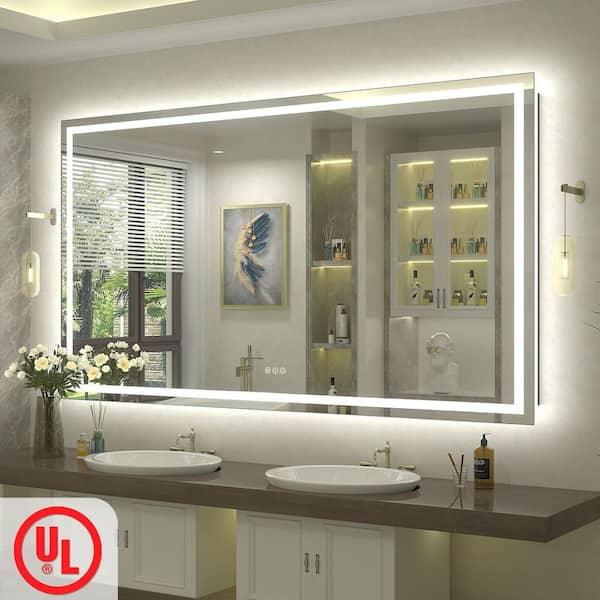 68in.W x38in.H Rectangular Frameless UL Certified Front and Back LED Anti-Fog Tempered Glass Wall Bathroom Vanity Mirror