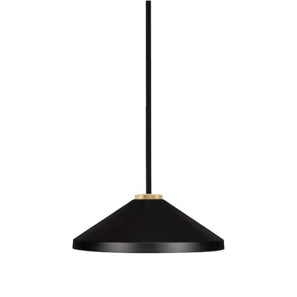 Unbranded Elonia 100-Watt 1 Light Matte Black & New Aged Brass Stem Mini Pendant Light with 14 in. Matte Black Cone Metal Shade