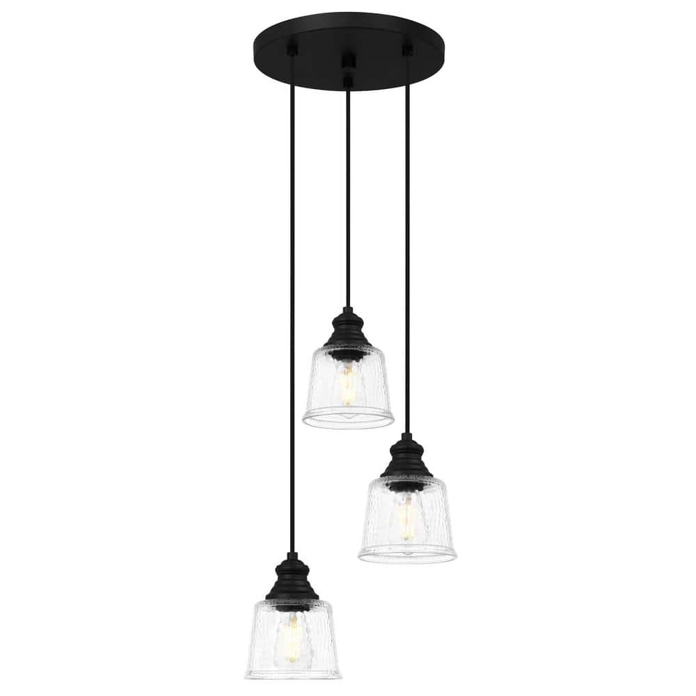 Bennington 3-Light Matte Black Pendant with Water Glass Shades