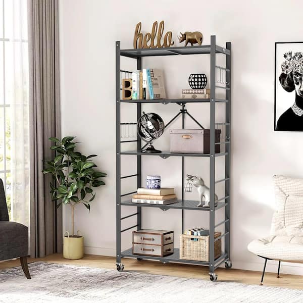 5-Tier Collapsible Storage Shelves Folding Pantry Shelves Wire Shelving in Gray with 20-Hooks for Garage Kitchen Room