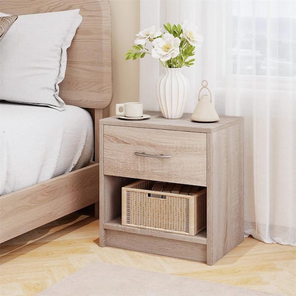 Natural 1-Drawer 15 in. Modern Nightstand Bedside Table with Drawer Open Storage Shelf for Small Spaces