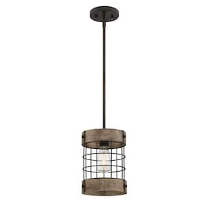 Langston 1-Light Oil-Rubbed Bronze with Vintage Pine Accents Pendant and Cage Shade