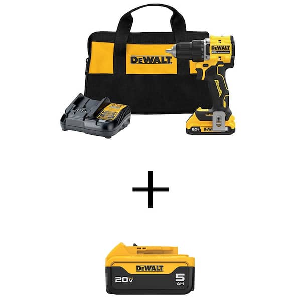 DEWALT ATOMIC 20V Lithium-Ion Cordless Compact 1/2 in. Drill/Driver Kit with Premium 5Ah Battery, 2Ah Battery, Charger and Bag