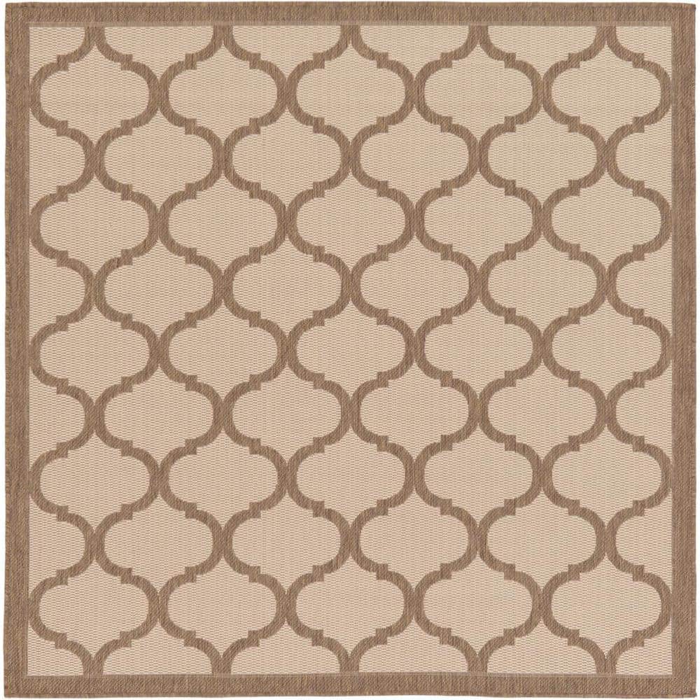 Brown and Beige Square Synthetic Outdoor Rug