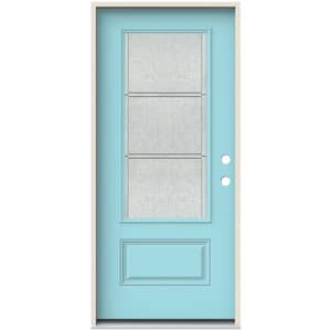 36 in. x 80 in. Left-Hand 3/4 Lite Eastfield Decorative Glass Blue Painted Fiberglass Prehung Front Door with Brickmould